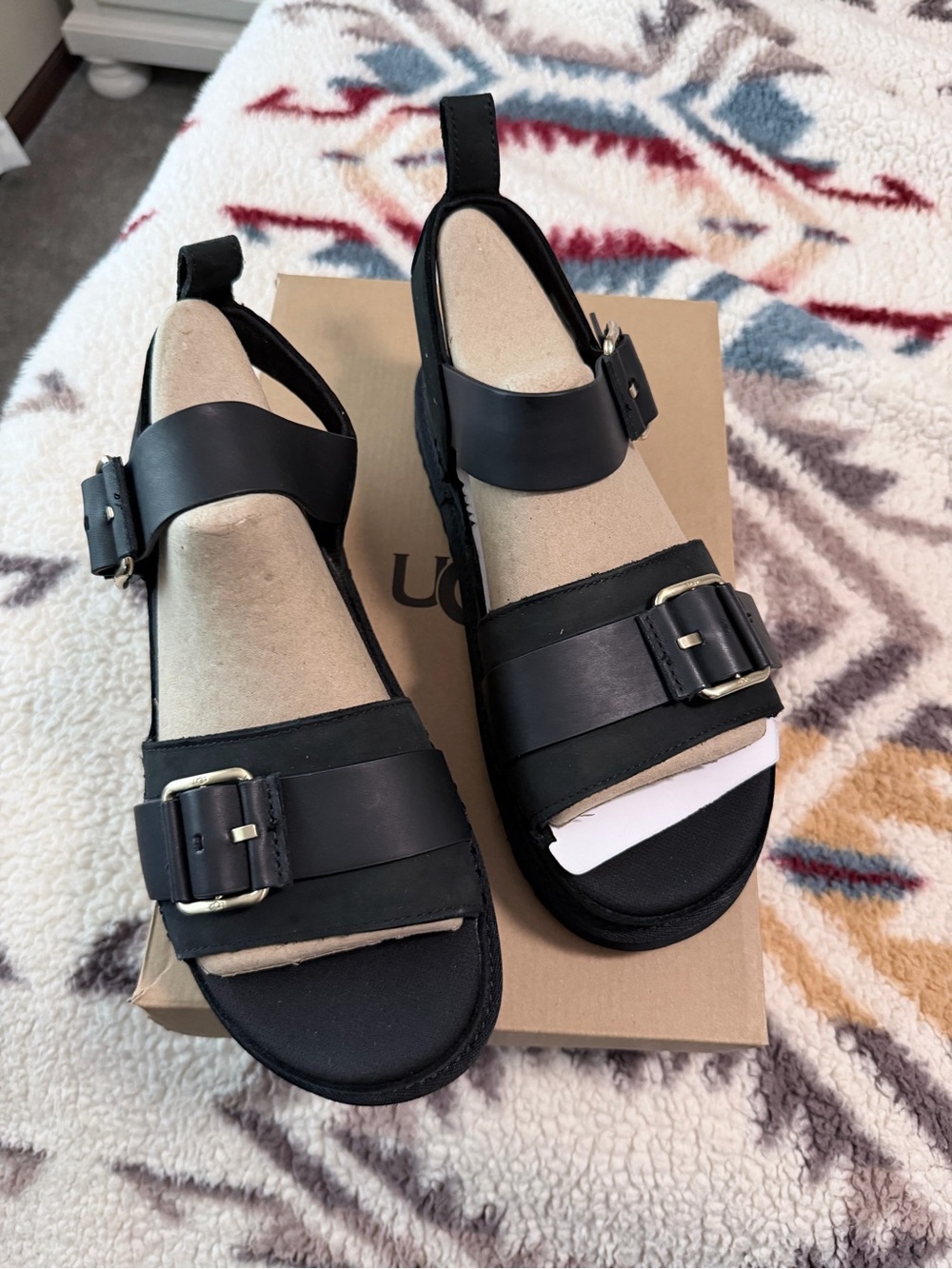 UGG Black Leather Buckle Strap Sandals - Picture 2 of 4